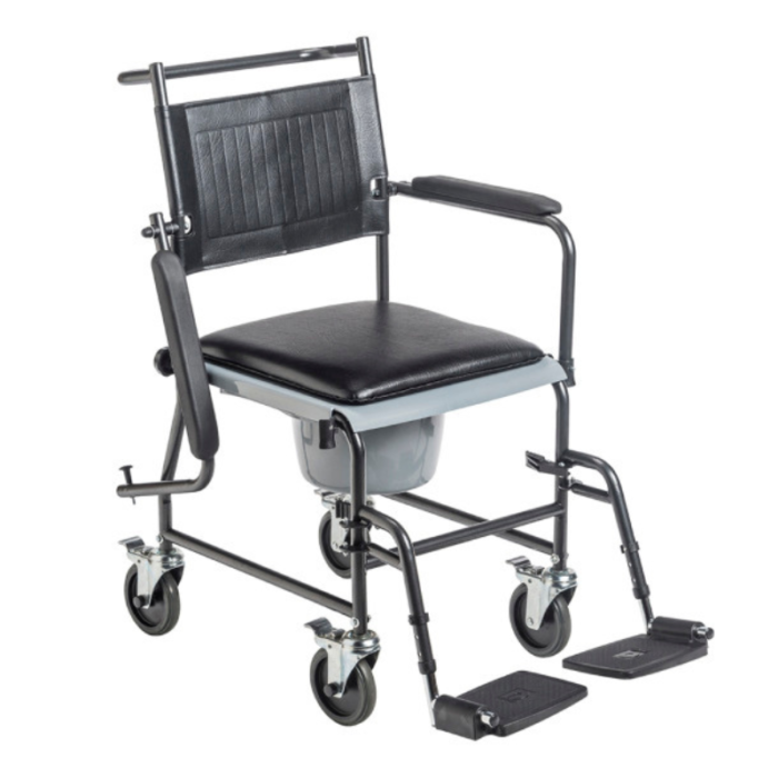 Upholstered Drop Arm Wheeled Commode-one side view