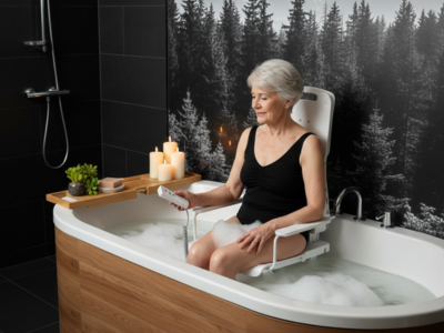 Senior using a bath lift in Toronto and GTA for safe and comfortable bathing
