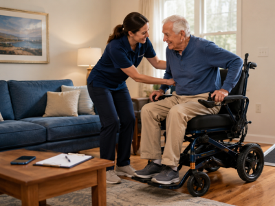 Man using a rental wheelchair at home in Toronto