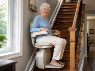 Senior riding a stair elevator safely up a home staircase in Toronto